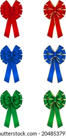 set of isolated christmas bow. red, blue, green bows and bows with gold edging