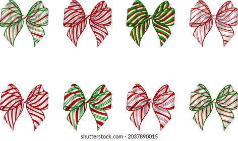 Set of isolated christmas bows with candy cane texture. striped bow for christmas decorations