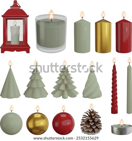 set of isolated christmas candles. different types of candles with flame for christmas decorations