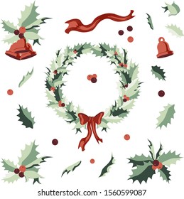 Set of isolated Christmas decorations for design on white background