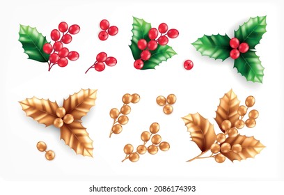 Set of isolated christmas decorations and plants icons with golden colored items and realistic berry clusters vector illustration