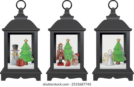 set of isolated christmas decorative lanterns with 3d elements
