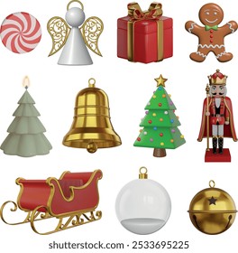 set of isolated christmas elements. collection of 3d realistic christmas decorations