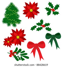Set of isolated Christmas elements for design (holly berry, mistletoe, poinsettia, tree, bows) eps8