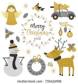 set of isolated Christmas gold characters and elements - vector illustration, eps
