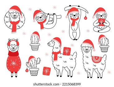 Set of isolated Christmas Llama, sloth, cactus