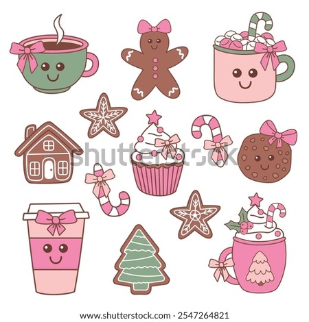 set of isolated Christmas mug, gingerbread cookie, sweets