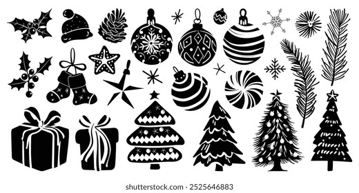 Set of isolated Christmas and New Year party decoration ornaments in doodle hand-drawn graphic illustration on a white background.