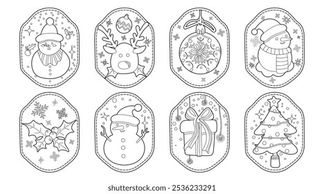 Set of isolated Christmas and New Year label, badge, sticker design in cute doodle style on a white background.