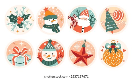 Set of isolated Christmas and New Year label, badge, sticker design in cute doodle style on a white background.