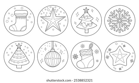 Set of isolated Christmas and New Year label, badge, sticker design in cute doodle style on a white background.