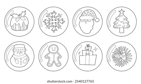 Set of isolated Christmas and New Year label, badge, sticker design in cute doodle style on a white background.