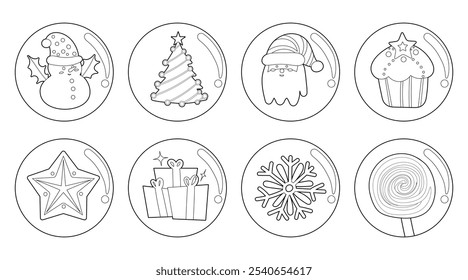 Set of isolated Christmas and New Year label, badge, sticker design in cute doodle style on a white background.