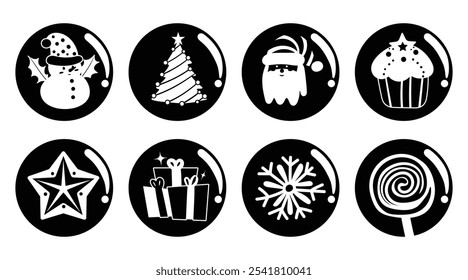 Set of isolated Christmas and New Year label, badge, sticker design in cute doodle style on a white background.