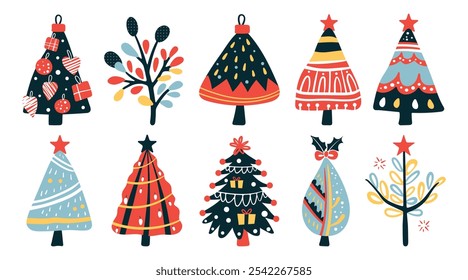 Set of isolated Christmas and New Year party decoration ornaments in doodle hand-drawn graphic illustration on a white background.