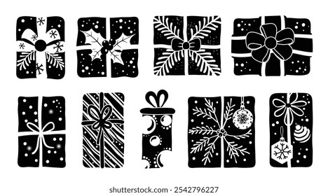 Set of isolated Christmas and New Year party decoration ornaments in doodle hand-drawn graphic illustration on a white background.