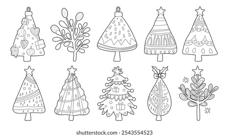 Conjunto de Navidades aisladas y adornos de decoración de fiesta de Año Nuevo en doodle ilustración gráfica dibujada a mano sobre un fondo blanco.