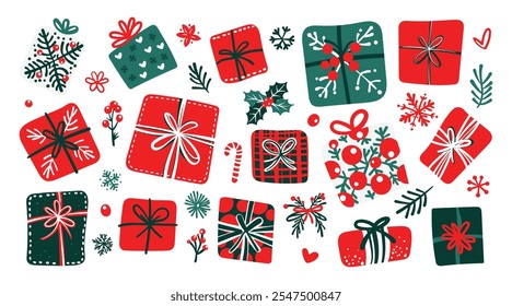 Set of isolated Christmas and New Year party decoration ornaments in doodle hand-drawn graphic illustration on a white background.