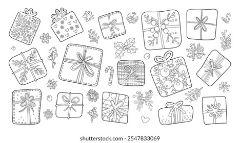 Set of isolated Christmas and New Year party decoration ornaments in doodle hand-drawn graphic illustration on a white background.