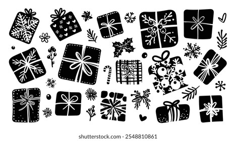 Conjunto de ornamentos isolados da decoração da festa de Natal e Ano Novo na ilustração gráfica desenhada à mão doodle em um fundo branco.