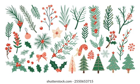 A set of isolated Christmas and New Year party decorations in doodle hand-drawn graphic style, perfect for festive designs. Includes ornaments on a white background for versatile use.