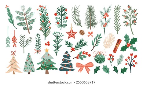 A set of isolated Christmas and New Year party decorations in doodle hand-drawn graphic style, perfect for festive designs. Includes ornaments on a white background for versatile use.