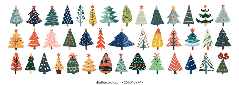 Set of isolated Christmas and New Year party decoration ornaments in doodle hand-drawn graphic illustration on a transparent background.