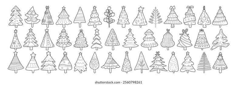 Set of isolated Christmas and New Year party decoration ornaments in doodle hand-drawn graphic illustration on a white background.