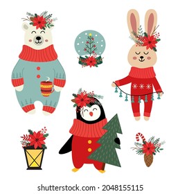 set of isolated Christmas polar bear, hare, penguin