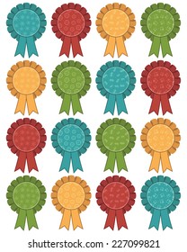 set of isolated christmas rosettes with snowflake bauble cupcake and gift patterns, in red yellow blue and green