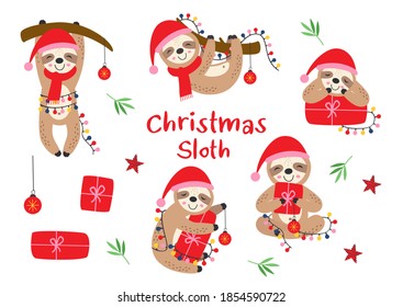 set of isolated Christmas  sloths with gifts