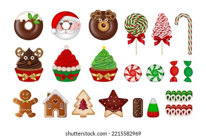set of isolated christmas sweets. collection of christmas cupcakes, donuts, cookies and candies