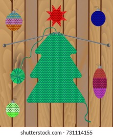 Set of isolated Christmas tree and decoration of knitted texture on wooden background. Vector drawing can be used for design of postcards, posters, advertising of Christmas discounts in stores.