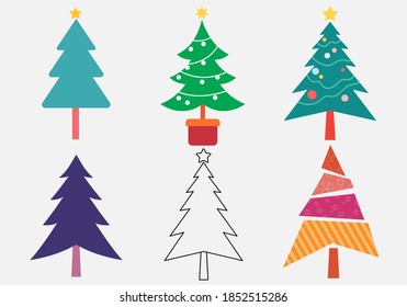 Set of isolated Christmas trees on white background. Colorful winter trees collection for holiday xmas and new year. Vector illustration.