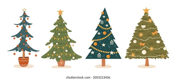 Set of isolated christmas trees on white background. Decorated christmas tree collection. Hand drawn vector flat illustration