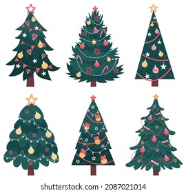 Set of isolated christmas trees on white background. Decorated christmas tree collection. Hand drawn vector flat illustration