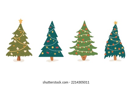 Set of isolated christmas trees on white background. Decorated christmas tree collection