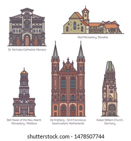 Set of isolated churches of Europe. St. Nicholas cathedral of Monaco and Red Monastery of Slovakia, Neu-Niamt, Moldova. Francis or De Krijtberg Kerk of Netherlands, Kaiser William. Architecture