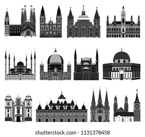 set of isolated churches, mosques, cathedrals, palaces, temples, castles, city halls, old buildings and other architectural monuments silhouettes
