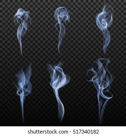 Set of isolated cigarette smoke trails realistic images with decorative blurry forms on dark transparent background vector illustration