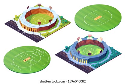 Set of isolated circle cricket pitch or grass field. Day, night stadiums for cricketer sport competition. Ground or green lawn, court for players. Sports event building, arena. Architecture, sportsman