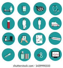 Set of isolated circular modern vector medical icons on white background. Thin line style icons for web site medical clinic. Medical icon. Clinic icon. Vector illustration