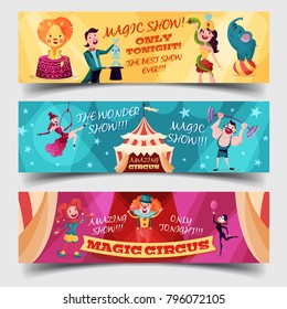 Set of isolated circus banner or tickets with magician pulling rabbit or hare from hat, acrobat or contortionist, equilibrist and strongman near tent or marquee, cartoon clown. Entertainment event