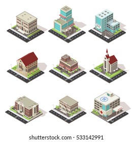 Set of isolated city buildings with roads street lighting and environmental infrastructure isometric vector illustration   