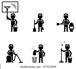 set of isolated cleaner worker man silhouette