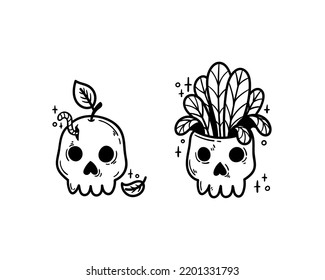 Set of isolated cliparts depicting cartoon black-and-white skulls: a skull - an apple with a worm, a skull - a flower pot.