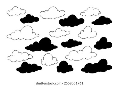 A set of isolated clouds hand-drawn outline, silhouette, graphic black and white illustration, line drawing. Decorative blank element for decoration, text design, comic style, doodle, flat design
