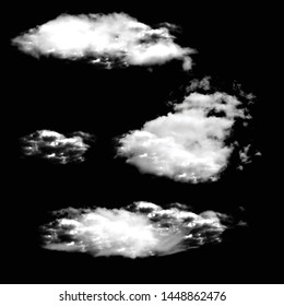 Set of isolated clouds on a black background. Smoke or thunderclouds. Kit of Design elements. Set of Realistic and Transparent Different Clouds.  