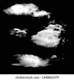 Set of isolated clouds on a black background. Smoke or thunderclouds. Kit of Design elements. Set of Realistic and Transparent Different Clouds.  