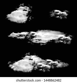 Set of isolated clouds on a black background. Smoke or thunderclouds. Kit of Design elements. Set of Realistic and Transparent Different Clouds.  